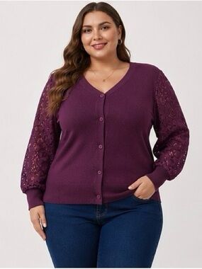 GRACE KARIN 2XL Plum Purple Floral Lace Sleeve V Neck Cardigan Sweater